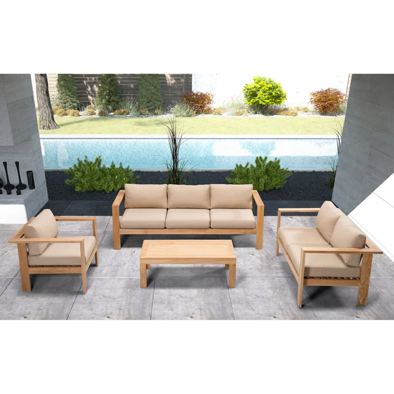 Sonoma 4 Piece Teak Outdoor Seating Group with Sunbrella® Cushions Canvas Heather Beige Sunbrella® Canvas