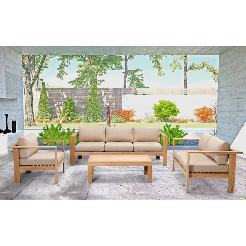 Sonoma 4 Piece Teak Outdoor Seating Group with Sunbrella® Cushions Canvas Heather Beige Sunbrella® Canvas