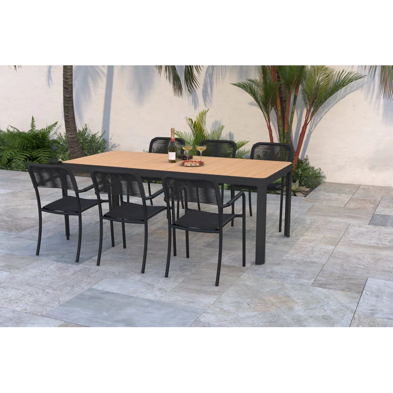 Brix 7-Piece Outdoor Patio FSC Solid Teak Wood, Rope and Aluminum Dining Set