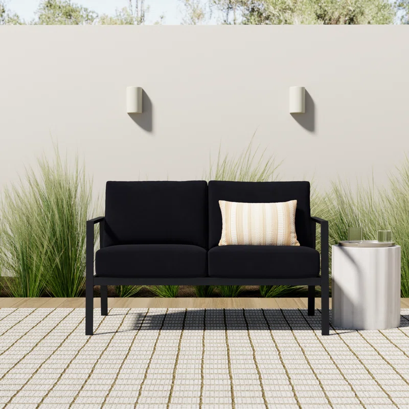 Armando 51” Aluminum Outdoor Loveseat with Sunbrella Cushions Black Sunbrella®,Black