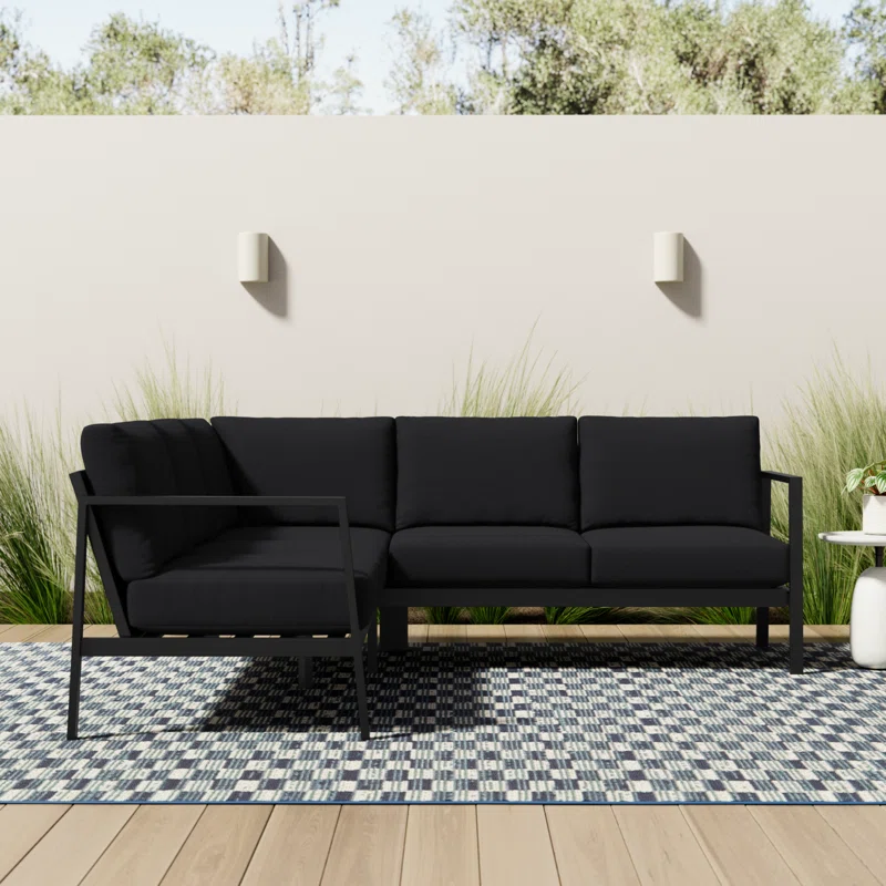 Armando 78'' Wide Triangle Aluminum Patio Sectional with Sunbrella® Cushions Black Sunbrella®,Black 3 Armando 78'' Wide Triangle Aluminum Patio Sectional with Sunbrella® Cushions Black Sunbrella®,Black