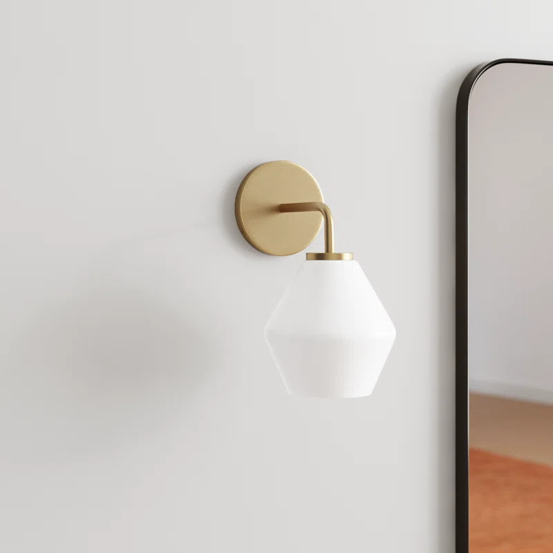 Rooks Single Light Glass Steel Dimmable Armed Sconce Satin Brass,White