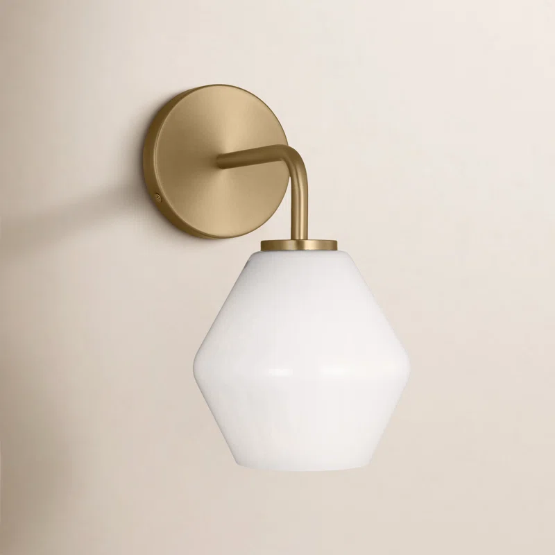Rooks Single Light Glass Steel Dimmable Armed Sconce Satin Brass,White