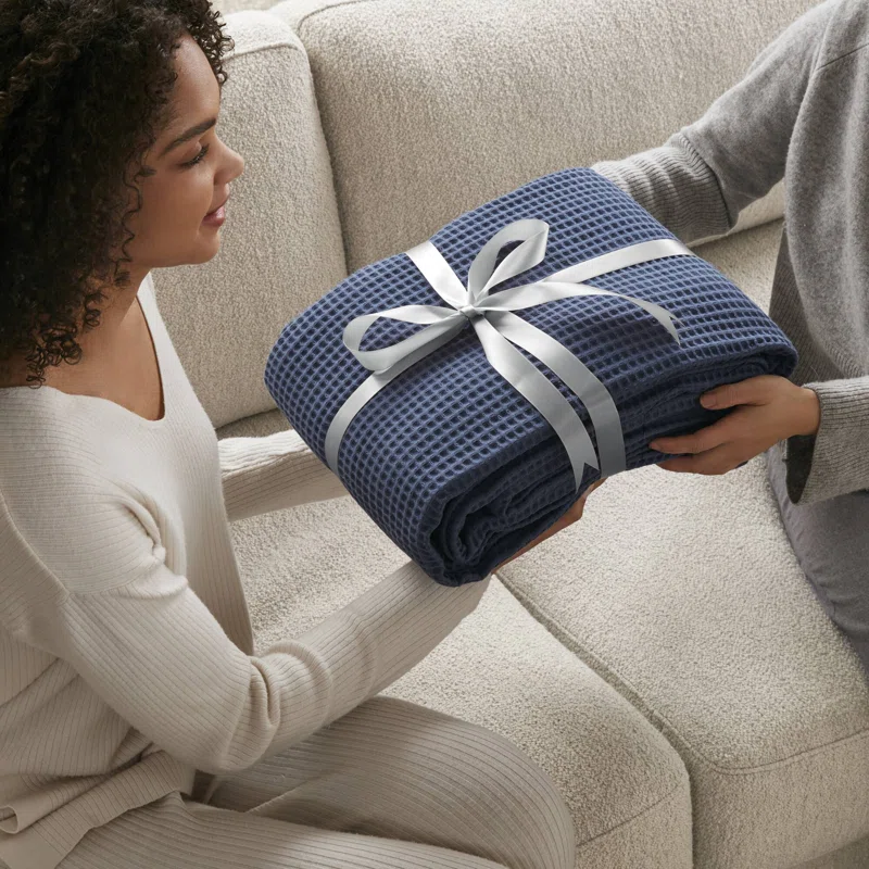 Waffle Weave 100% Cotton Blanket Queen,Indigo
