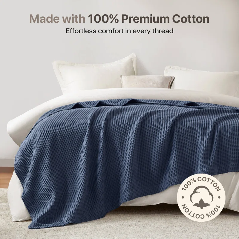 Waffle Weave 100% Cotton Blanket Queen,Indigo