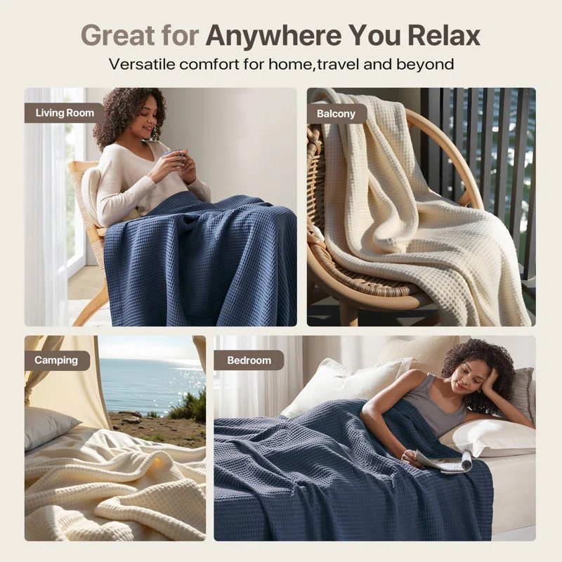 Waffle Weave 100% Cotton Blanket Queen,Indigo