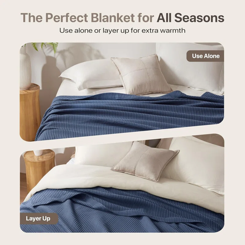 Waffle Weave 100% Cotton Blanket Queen,Indigo
