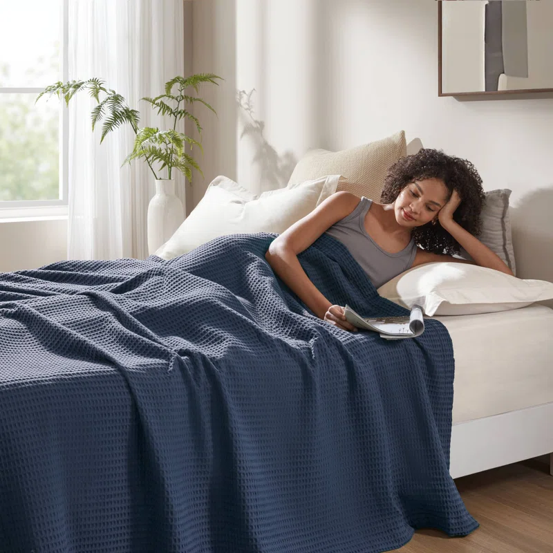 Waffle Weave 100% Cotton Blanket Queen,Indigo