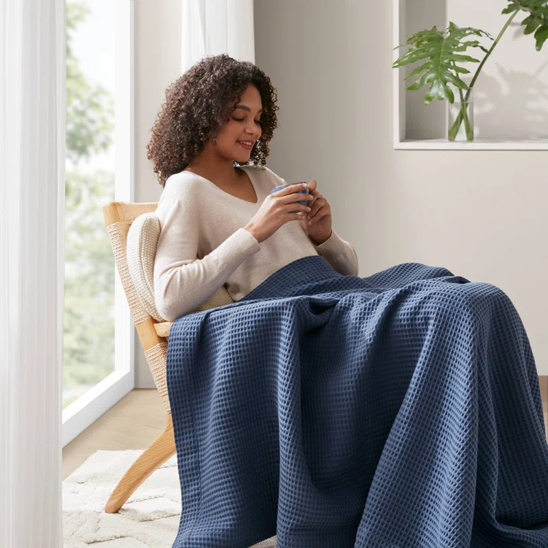 Waffle Weave 100% Cotton Blanket Queen,Indigo