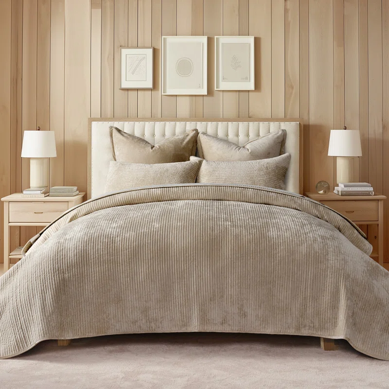 Striped Channel Velvet Quilt Set Queen Quilt + 2 Queen Shams,Urban Taupe