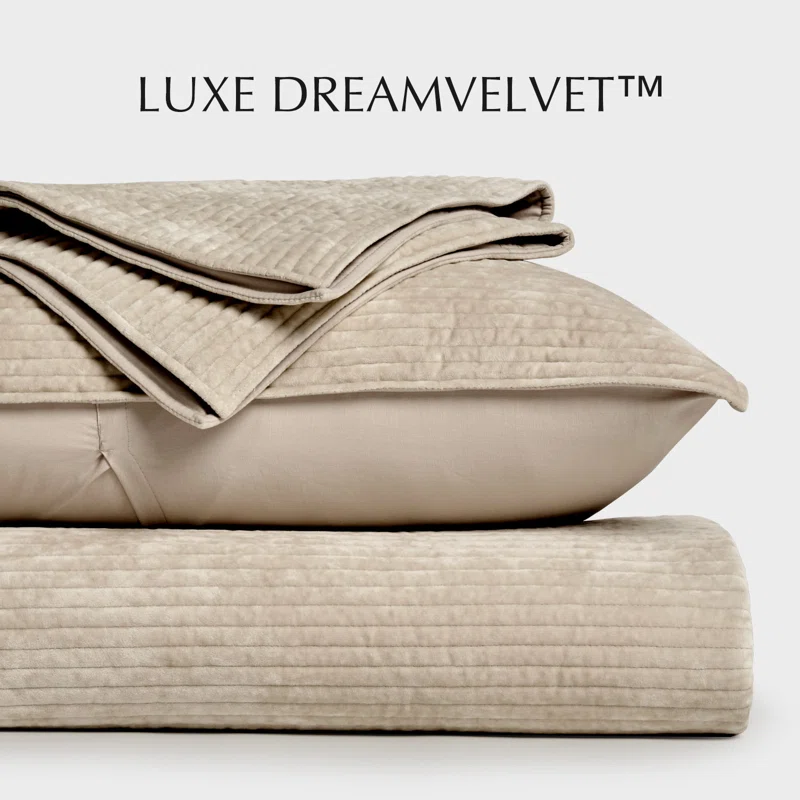 Striped Channel Velvet Quilt Set Queen Quilt + 2 Queen Shams,Urban Taupe