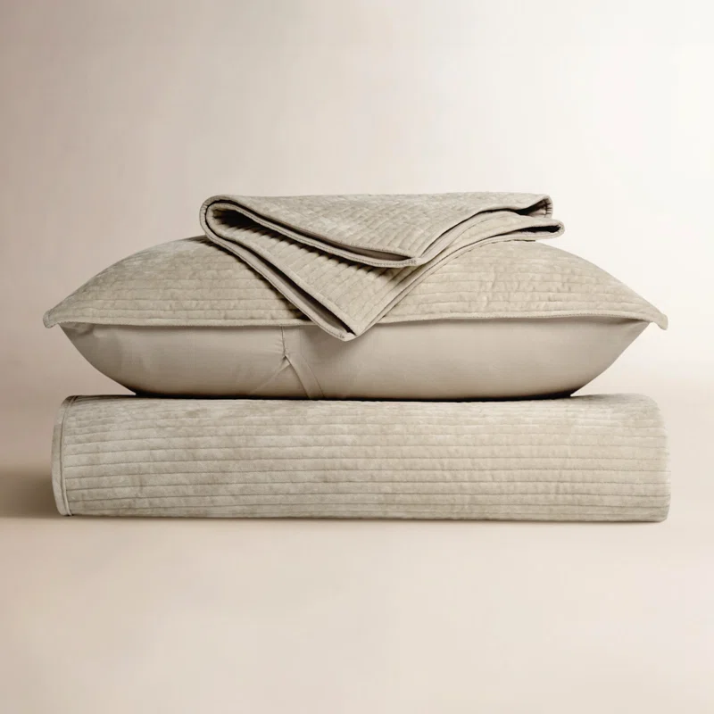 Striped Channel Velvet Quilt Set Queen Quilt + 2 Queen Shams,Urban Taupe