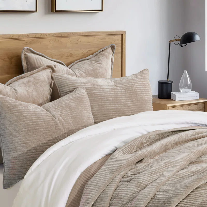 Striped Channel Velvet Quilt Set Queen Quilt + 2 Queen Shams,Urban Taupe