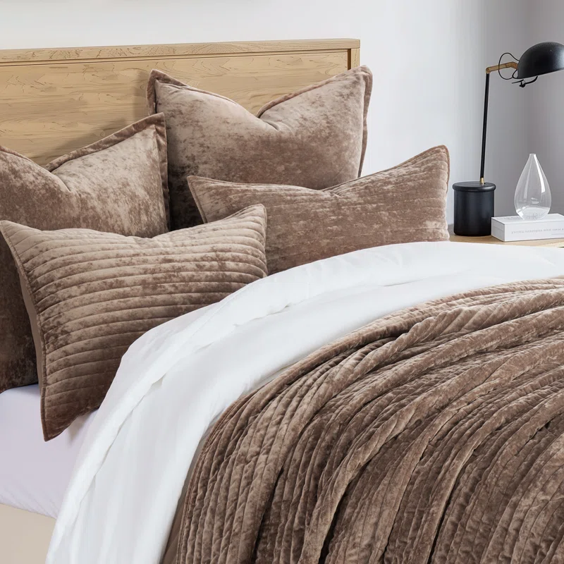Luxe Velvet Channel Quilt Set King Quilt + 2 King Pillow Shams,Mocha Brown
