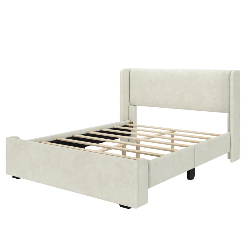 Solid Wood Upholstered Panel Bed with Rectangular Headboard Full,Cream