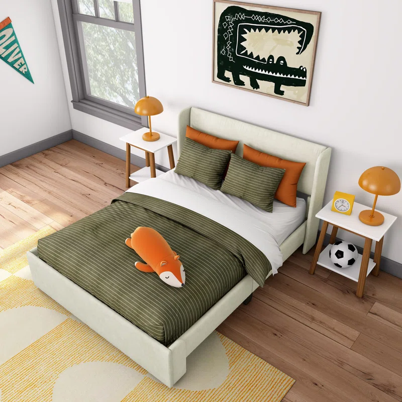 Solid Wood Upholstered Panel Bed with Rectangular Headboard Full,Cream