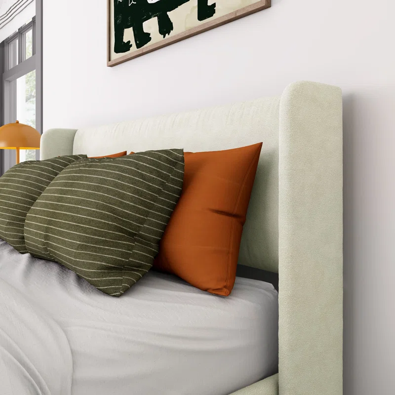 Solid Wood Upholstered Panel Bed with Rectangular Headboard Full,Cream