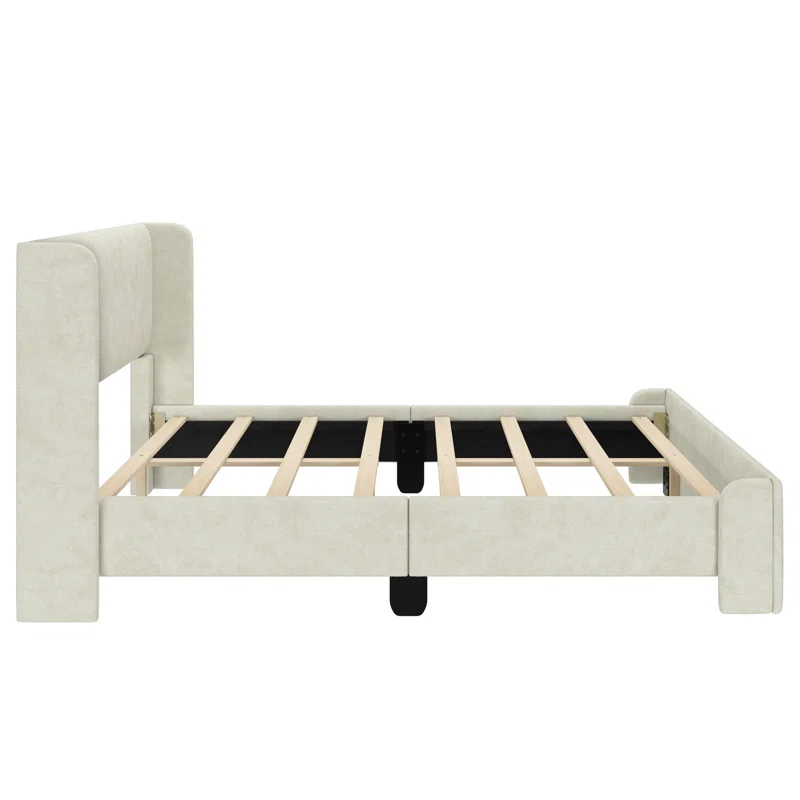 Solid Wood Upholstered Panel Bed with Rectangular Headboard Full,Cream