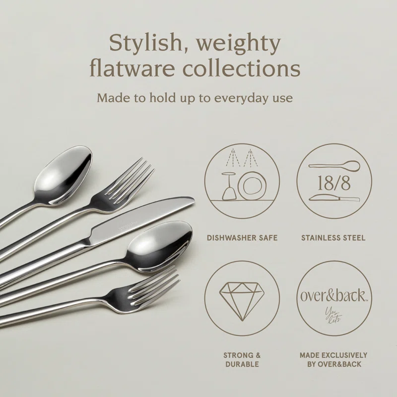 over&back Modern 18/8 Flatware Set - Service for 4 Silver