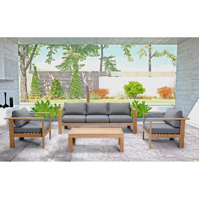 Sonoma 4 Piece Teak Outdoor Seating Group with Sunbrella® Cushions Canvas Charcoal Sunbrella® Canvas